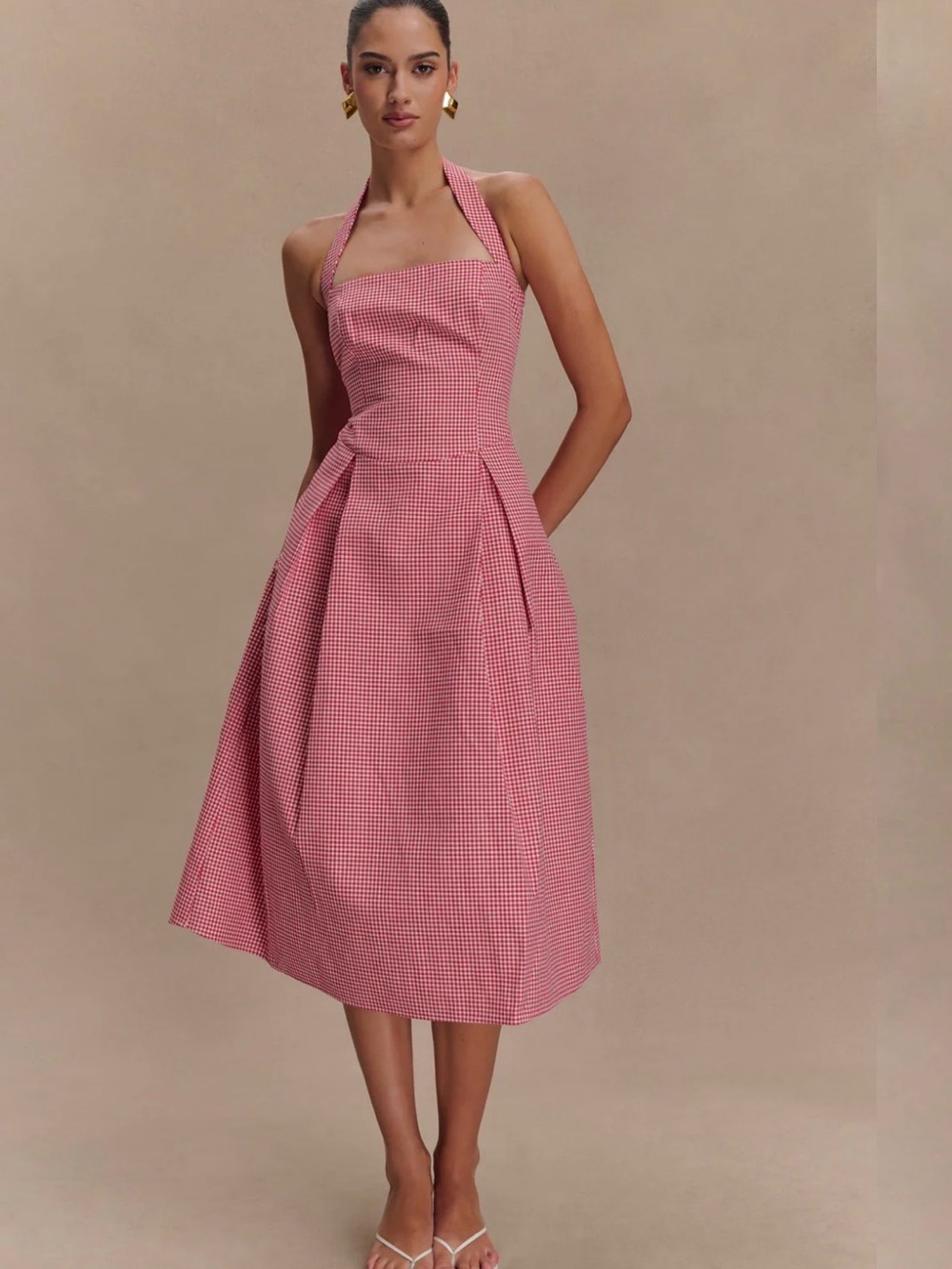 Meshki Pink Gingham Halter Midi Dress